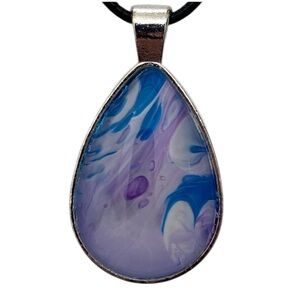 Hand Crafted Teardrop Fluid Art Pendant Cord Necklace Blue Purple White